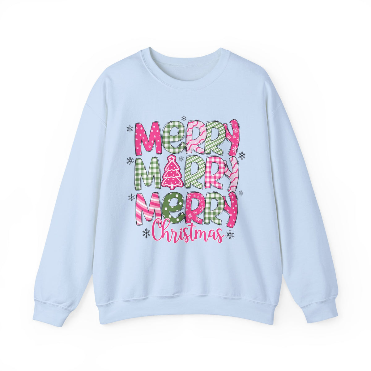 Merry Merry Merry Christmas Festive Candy Cane - Pink and Green – Gildan Heavy Blend | Trendy Women’s Soft Sweatshirt. Direct to Garment. Printed & Shipped in the USA. Unisex Sizes.