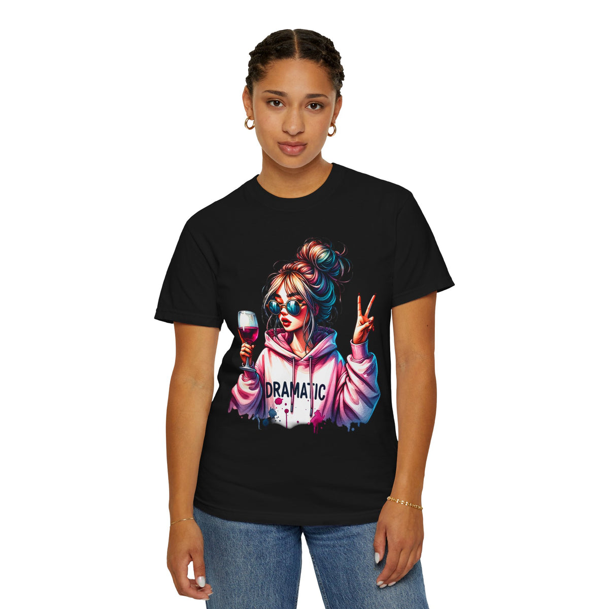 Dramatic Girl With Wine Messy Bun Peace Sign  - Comfort Colors | Trendy Women's T-Shirt. Direct to Garment. Printed & Shipped in the USA. Unisex Sizes.