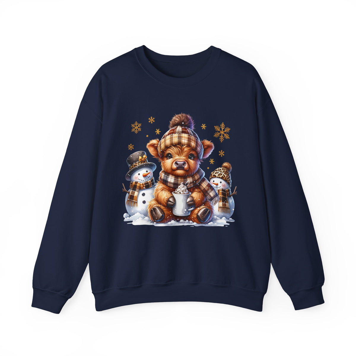 Cute Highland Cow with Snowmen, Winter – Gildan Heavy Blend | Trendy Women’s Soft Sweatshirt. Direct to Garment. Printed & Shipped in the USA. Unisex Sizes.