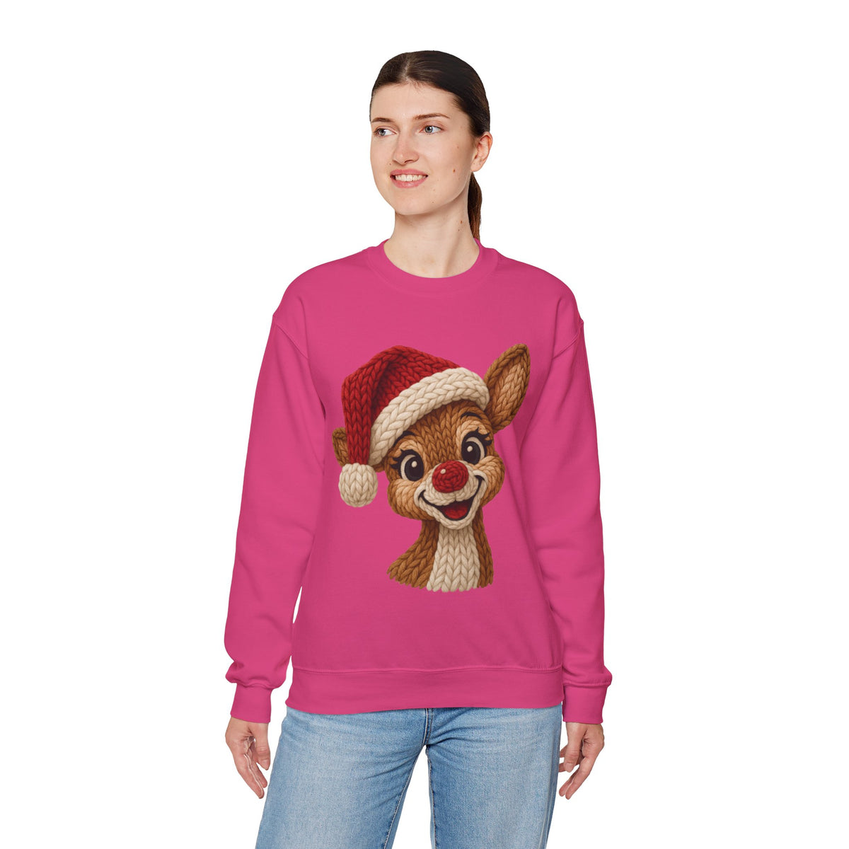 Cute Rudolph Faux Knit Look Reindeer w/Santa Hat – Gildan Heavy Blend | Trendy Women’s Soft Sweatshirt. Direct to Garment. Printed & Shipped in the USA. Unisex Sizes.