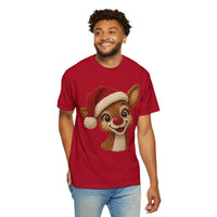 Cute Rudolph Faux Knit Look Reindeer w/Santa Hat - Comfort Colors | Trendy Women's T-Shirt. Direct to Garment. Printed & Shipped in the USA. Unisex Sizes.