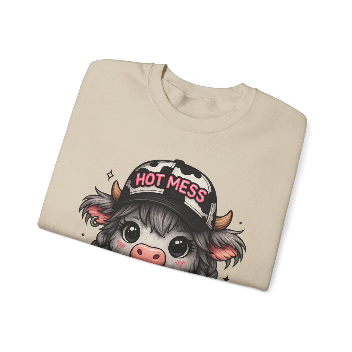 Cute Highland Cow 'Hot Mess' In Braids – Gildan Heavy Blend | Trendy Women’s Soft Sweatshirt. Direct to Garment. Printed & Shipped in the USA. Unisex Sizes.