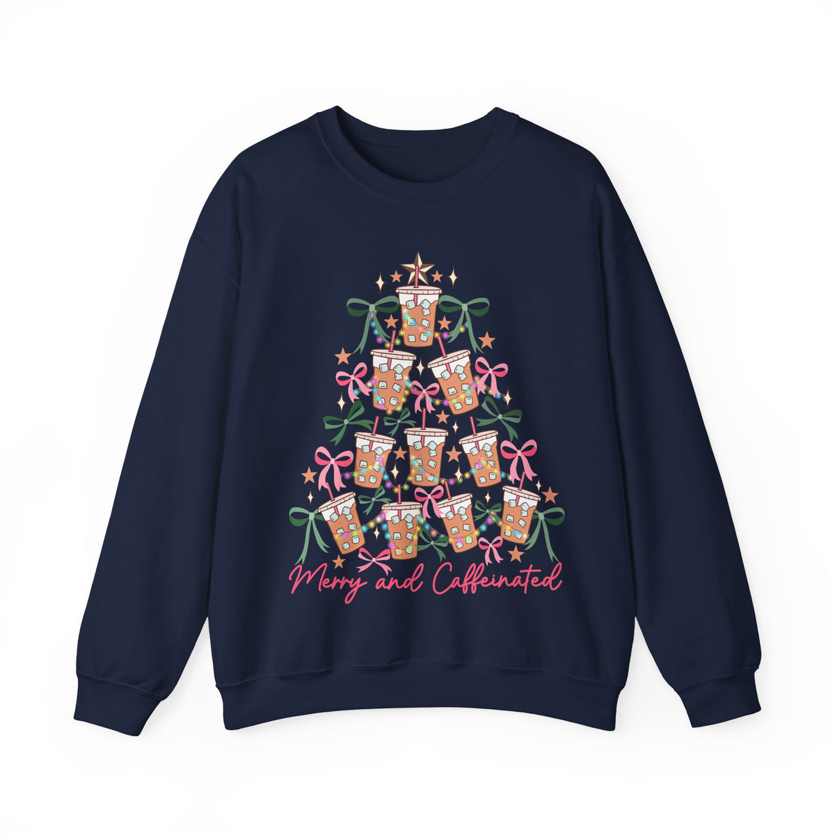 Merry and Caffeinated Iced Coffee Christmas Tree – Gildan Heavy Blend | Trendy Women’s Soft Sweatshirt. Direct to Garment. Printed & Shipped in the USA. Unisex Sizes.
