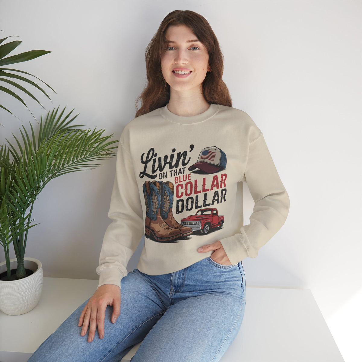 Livin' on That Blue Collar Dollar, Boots and Work Truck – Gildan Heavy Blend | Trendy Men's and Women’s Soft Sweatshirt. Direct to Garment. Printed & Shipped in the USA. Unisex Sizes.