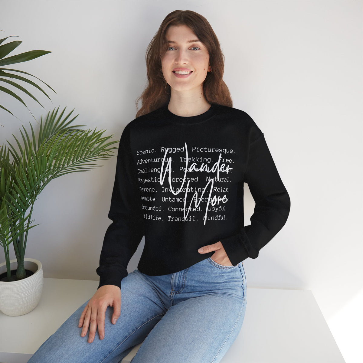 Wander More, Scenic Adventure Typography – Gildan Heavy Blend | Trendy Men's and Women’s Soft Sweatshirt. Direct to Garment. Printed & Shipped in the USA. Unisex Sizes.