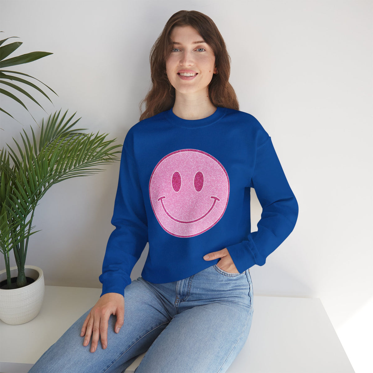 Glitter Smiley – Gildan Heavy Blend | Trendy Women’s Soft Sweatshirt. Direct to Garment. Printed & Shipped in the USA. Unisex Sizes.