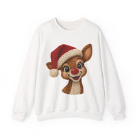 Cute Rudolph Faux Knit Look Reindeer w/Santa Hat – Gildan Heavy Blend | Trendy Women’s Soft Sweatshirt. Direct to Garment. Printed & Shipped in the USA. Unisex Sizes.
