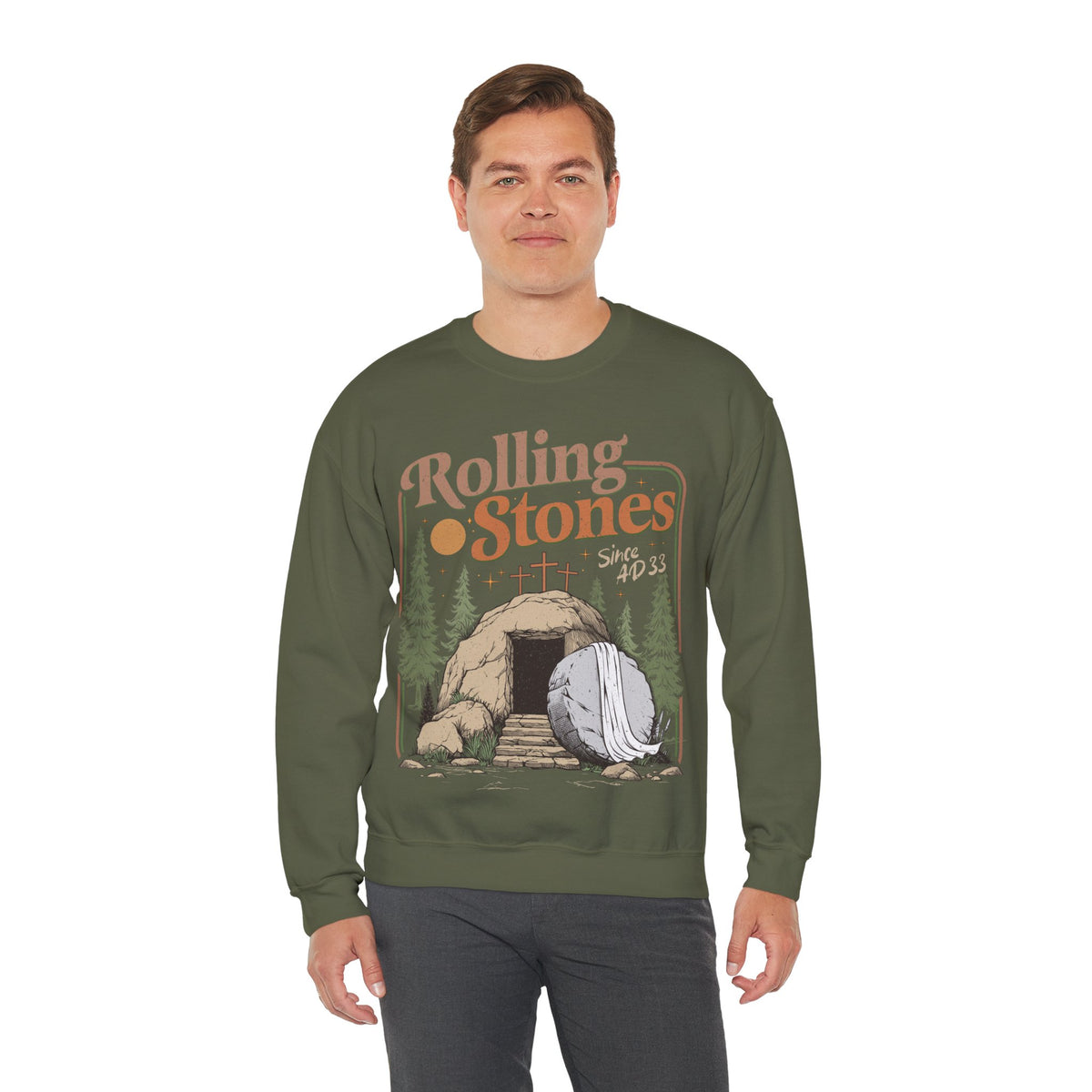 Rolling Stones "Since AD33" Easter Empty Tomb Christian – Gildan Heavy Blend | Trendy Men's and Women’s Soft Sweatshirt. Direct to Garment. Printed & Shipped in the USA. Unisex Sizes.