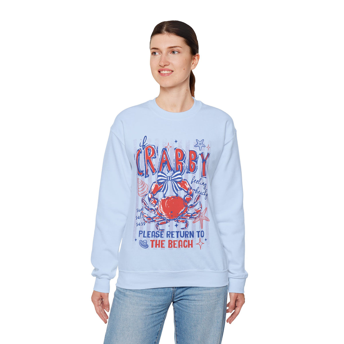 If Crabby, Please Return to Beach – Gildan Heavy Blend | Trendy Men's & Women’s Soft Sweatshirt. Direct to Garment. Printed & Shipped in the USA. Unisex Sizes.