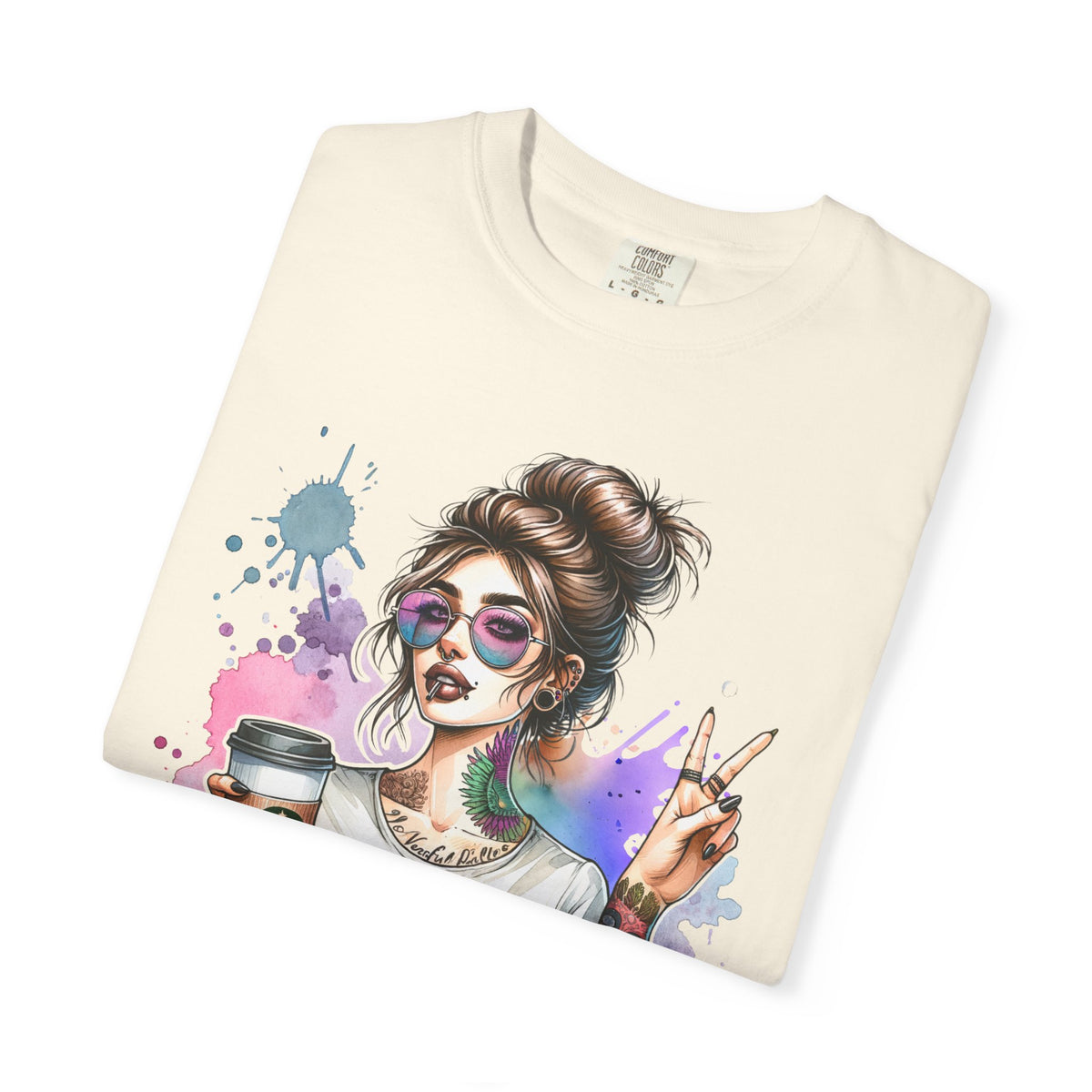 Cool Mombie with Coffee Peace Tattoo - Comfort Colors | Trendy Women's T-Shirt. Direct to Garment. Printed & Shipped in the USA. Unisex Sizes.