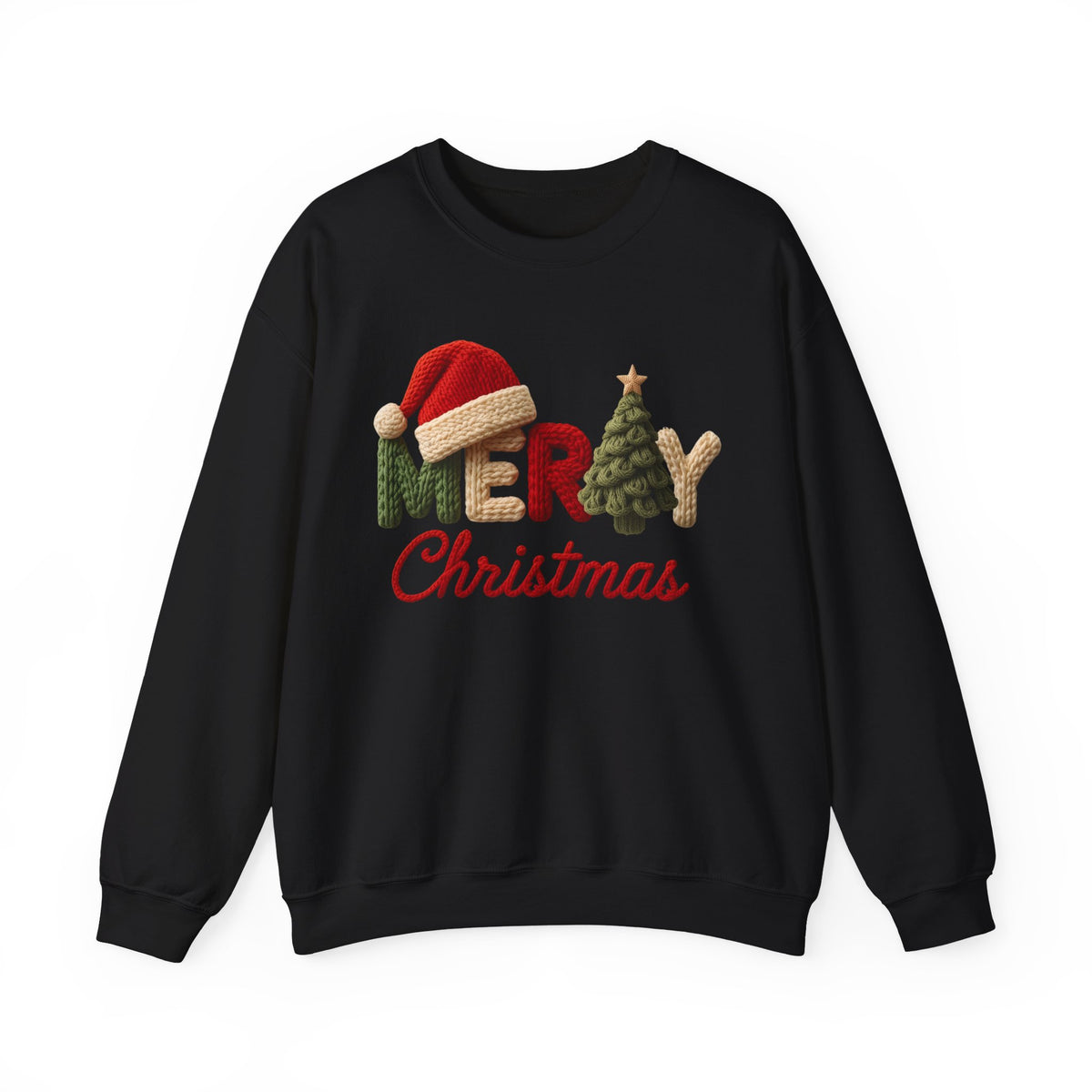 Merry Christmas Faux Yarn w/Santa Hat & Tree – Gildan Heavy Blend | Trendy Women’s Soft Sweatshirt. Direct to Garment. Printed & Shipped in the USA. Unisex Sizes.