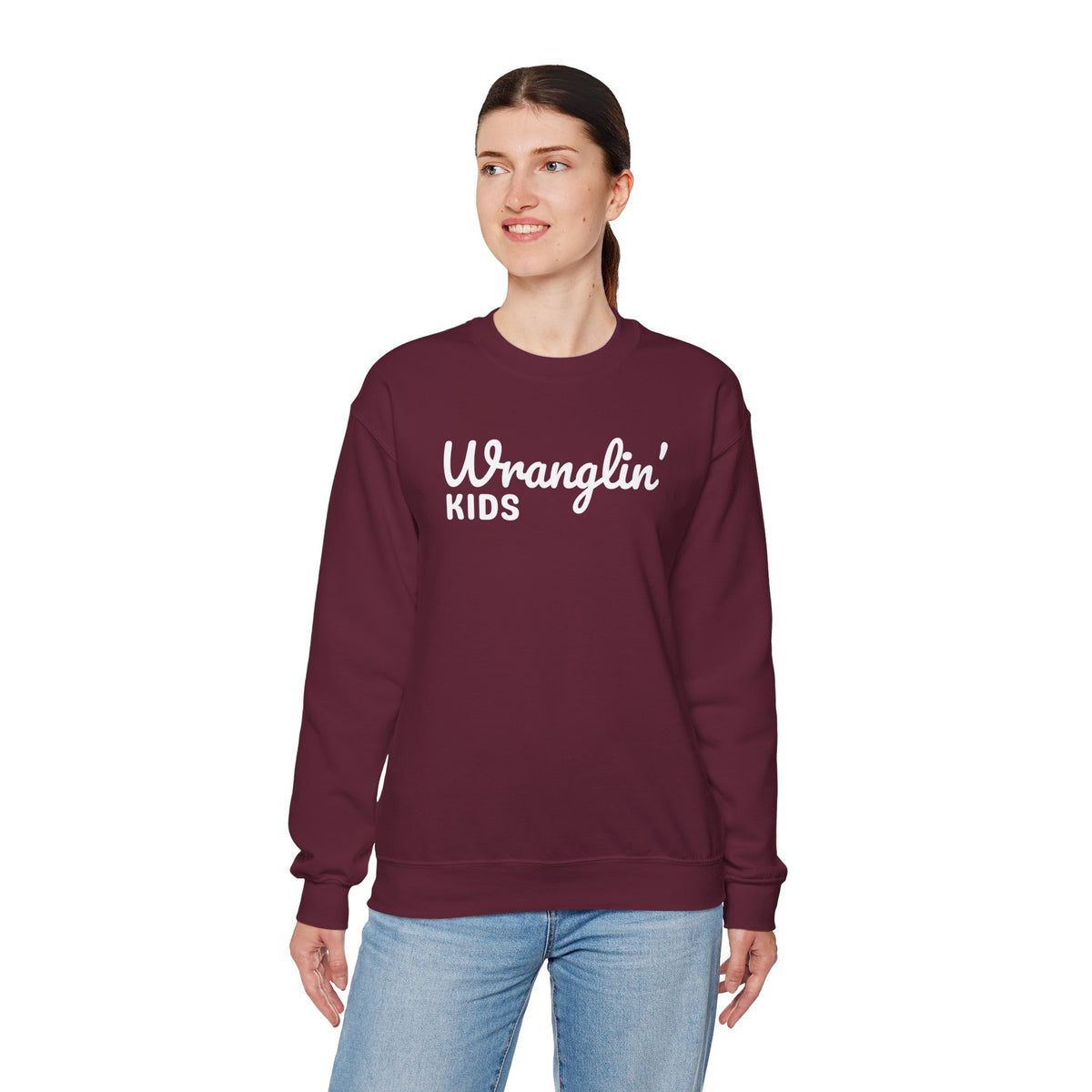 Wranglin' Kids Funny Mom Dad – Gildan Heavy Blend | Trendy Women’s and Men's Soft Sweatshirt. Direct to Garment. Printed & Shipped in the USA. Unisex Sizes.