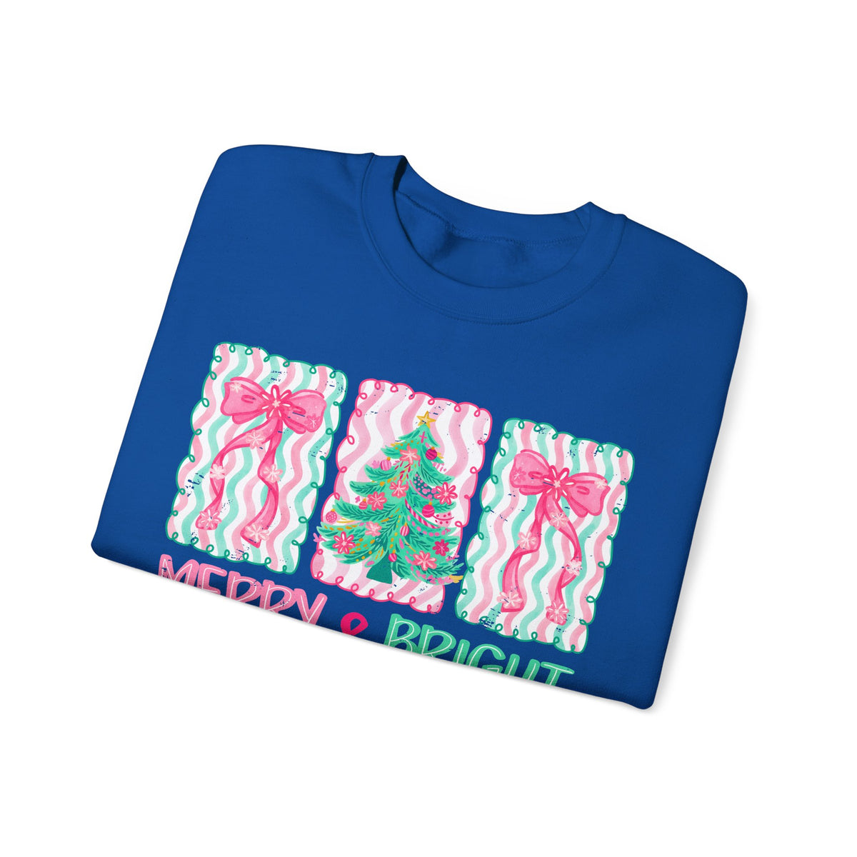 Merry & Bright Christmas - Pink & Green Holiday Tree Design – Gildan Heavy Blend | Trendy Women’s Soft Sweatshirt. Direct to Garment. Printed & Shipped in the USA. Unisex Sizes.