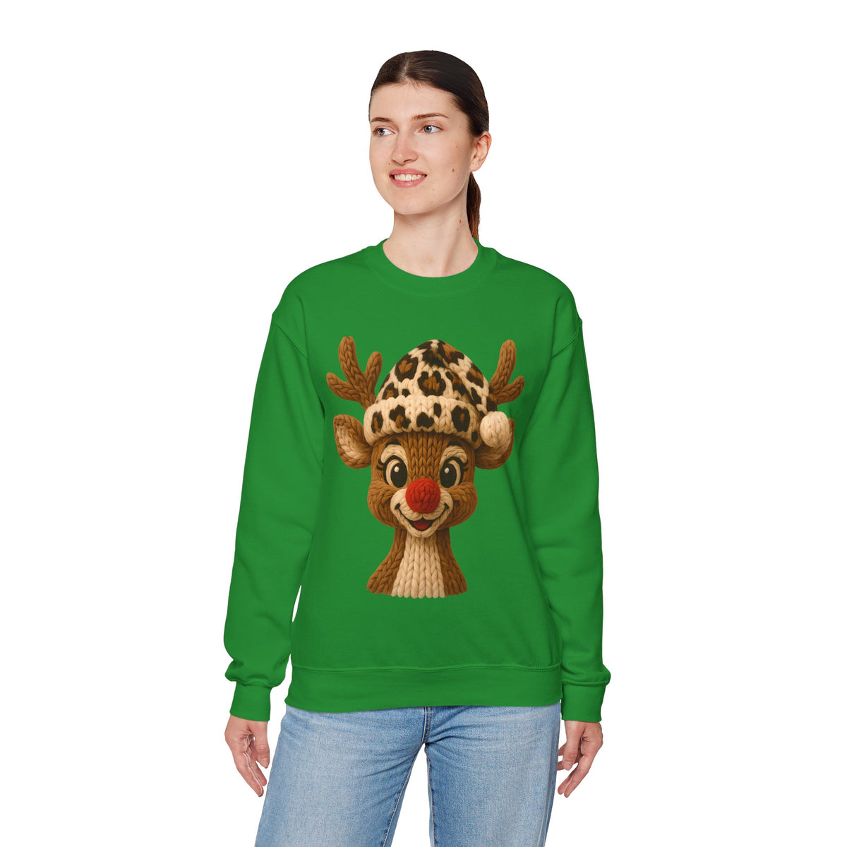 Rudolph Reindeer Leopard Santa Hat Christmas – Gildan Heavy Blend | Trendy Women’s Soft Sweatshirt. Direct to Garment. Printed & Shipped in the USA. Unisex Sizes.