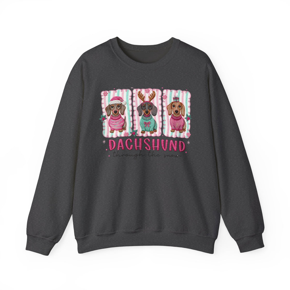 Dachshund Through the Snow – Gildan Heavy Blend | Trendy Women’s Soft Sweatshirt. Direct to Garment. Printed & Shipped in the USA. Unisex Sizes.