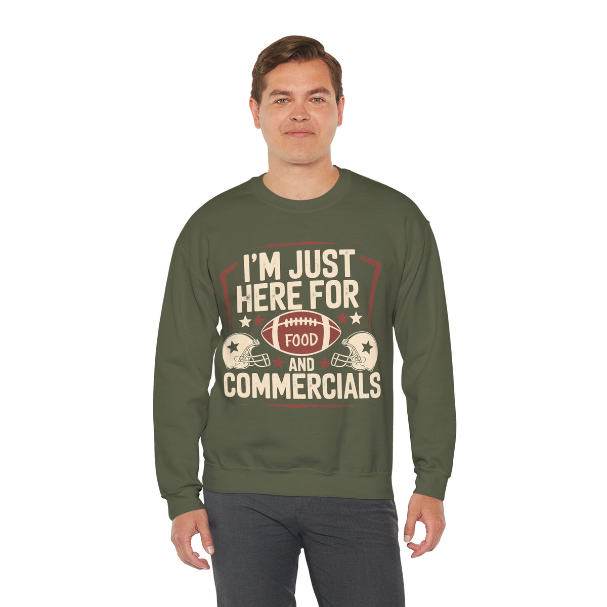 I'm Just Here for Food and Commercials – Gildan Heavy Blend | Trendy Women’s and Men's Soft Sweatshirt. Direct to Garment. Printed & Shipped in the USA. Unisex Sizes.