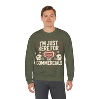 I'm Just Here for Food and Commercials – Gildan Heavy Blend | Trendy Women’s and Men's Soft Sweatshirt. Direct to Garment. Printed & Shipped in the USA. Unisex Sizes.