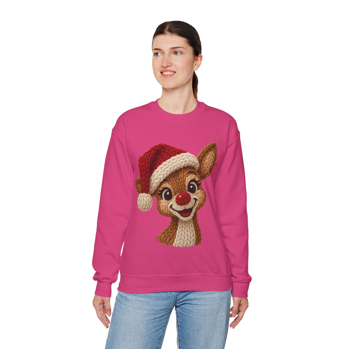 Cute Rudolph Faux Knit Look Reindeer w/Santa Hat – Gildan Heavy Blend | Trendy Women’s Soft Sweatshirt. Direct to Garment. Printed & Shipped in the USA. Unisex Sizes.