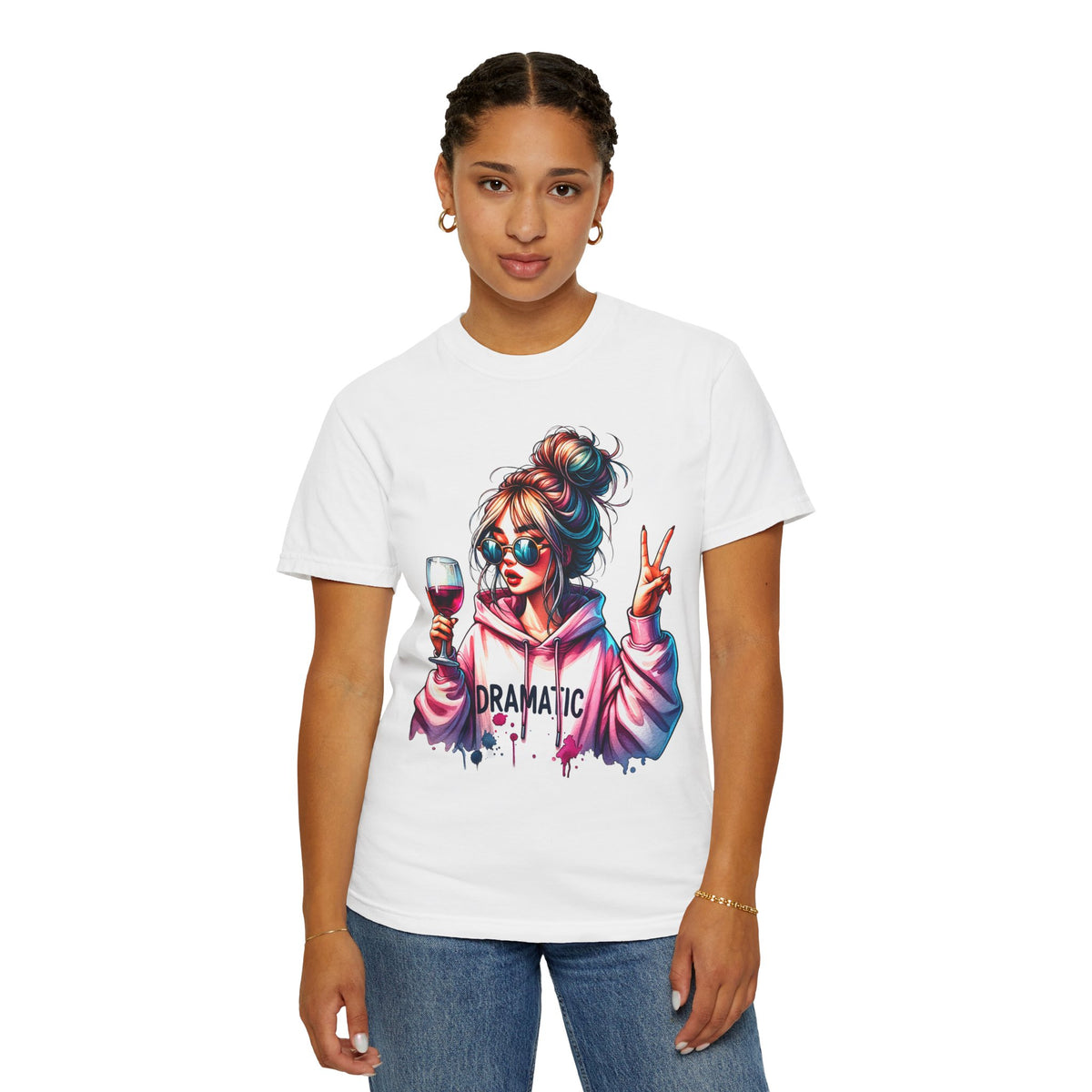 Dramatic Girl With Wine Messy Bun Peace Sign  - Comfort Colors | Trendy Women's T-Shirt. Direct to Garment. Printed & Shipped in the USA. Unisex Sizes.