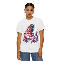 Dramatic Girl With Wine Messy Bun Peace Sign  - Comfort Colors | Trendy Women's T-Shirt. Direct to Garment. Printed & Shipped in the USA. Unisex Sizes.