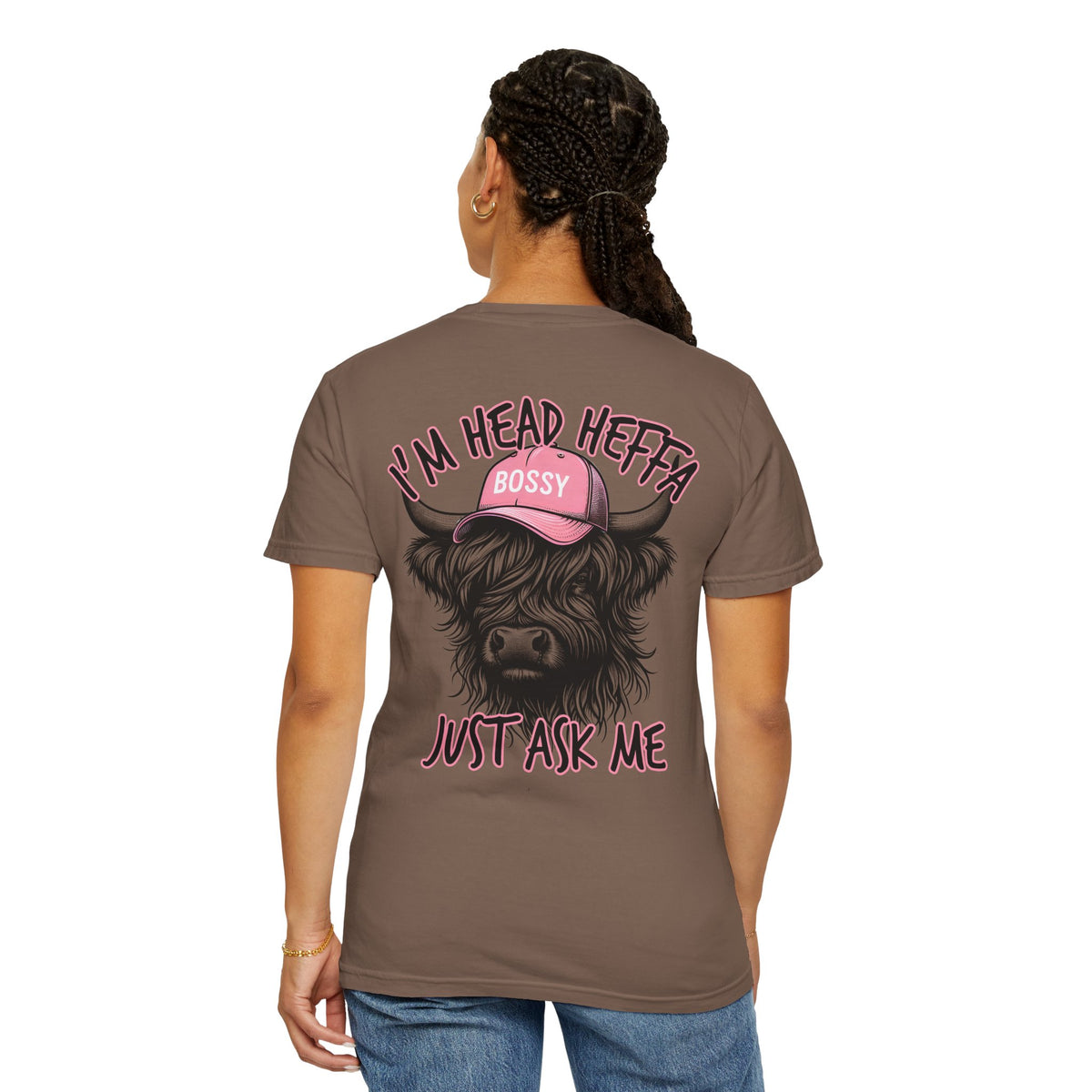 Head Heffa Highland Cow, Front & Back Print - Comfort Colors | Trendy Women's T-Shirt. Direct to Garment. Printed & Shipped in the USA. Unisex Sizes.