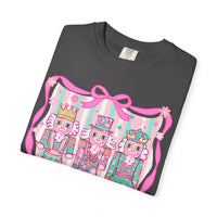 Coquette Pastel Christmas Nutcracker Trio Pink and Green - Comfort Colors | Trendy Women's T-Shirt. Direct to Garment. Printed & Shipped in the USA. Unisex Sizes.