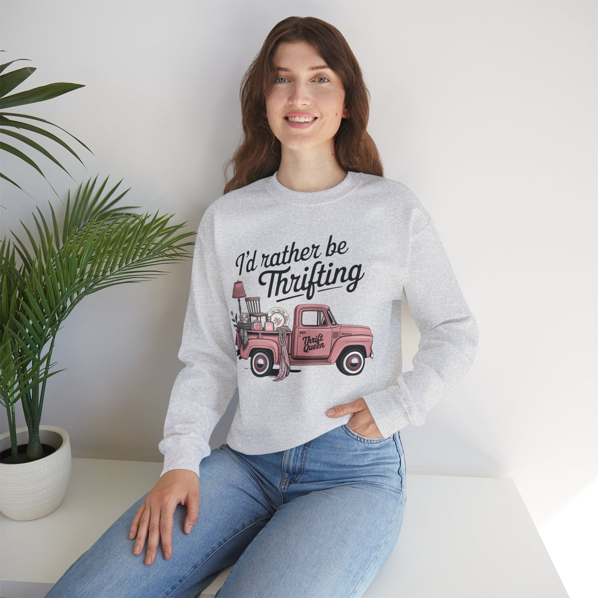 I'd Rather Be Thrifting. Pink Vintage Truck – Gildan Heavy Blend | Trendy Women’s Soft Sweatshirt. Direct to Garment. Printed & Shipped in the USA. Unisex Sizes.