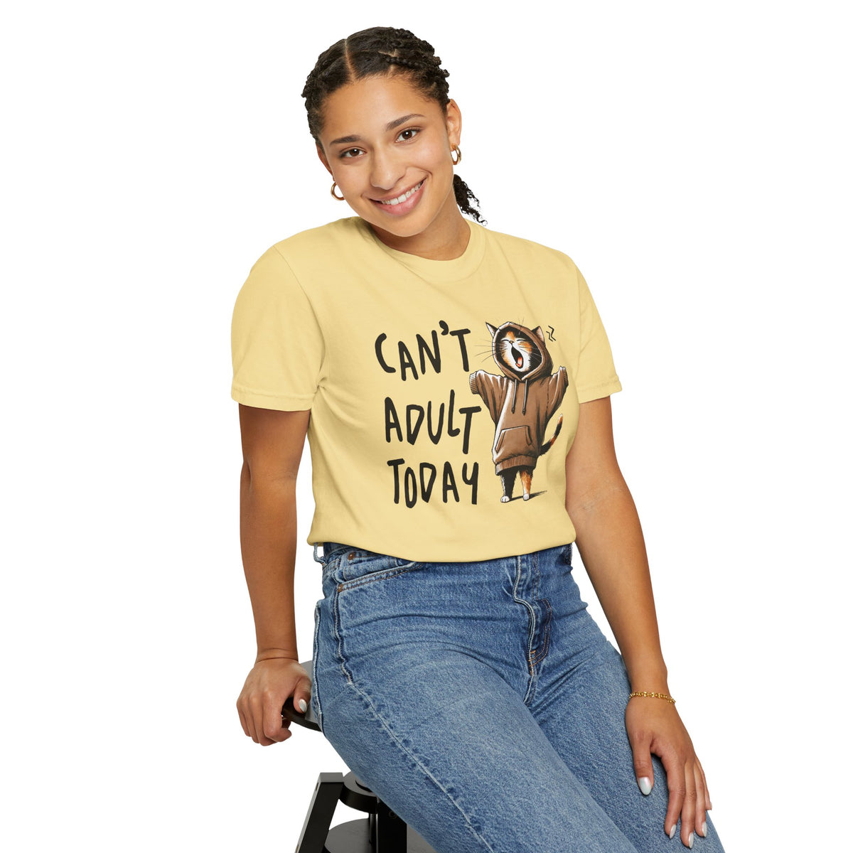 Can’t Adult Today, Cat - Comfort Colors | Trendy Women's and Men's T-Shirt. Direct to Garment. Printed & Shipped in the USA. Unisex Sizes.