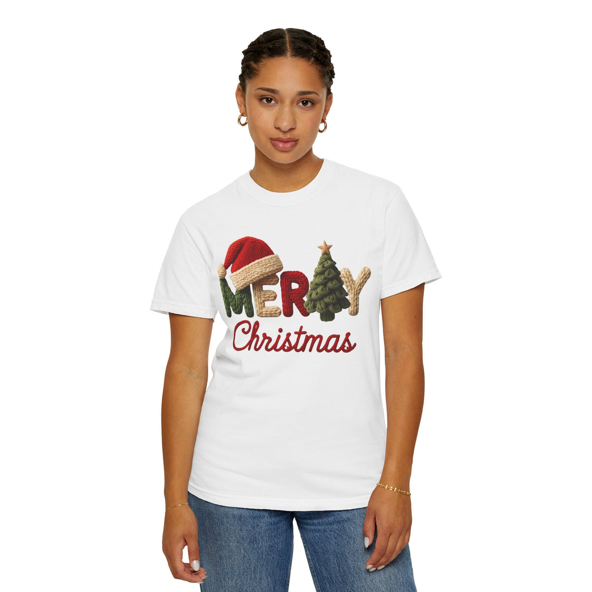 Merry Christmas Faux Yarn w/Santa Hat & Tree - Comfort Colors | Trendy Women's T-Shirt. Direct to Garment. Printed & Shipped in the USA. Unisex Sizes.