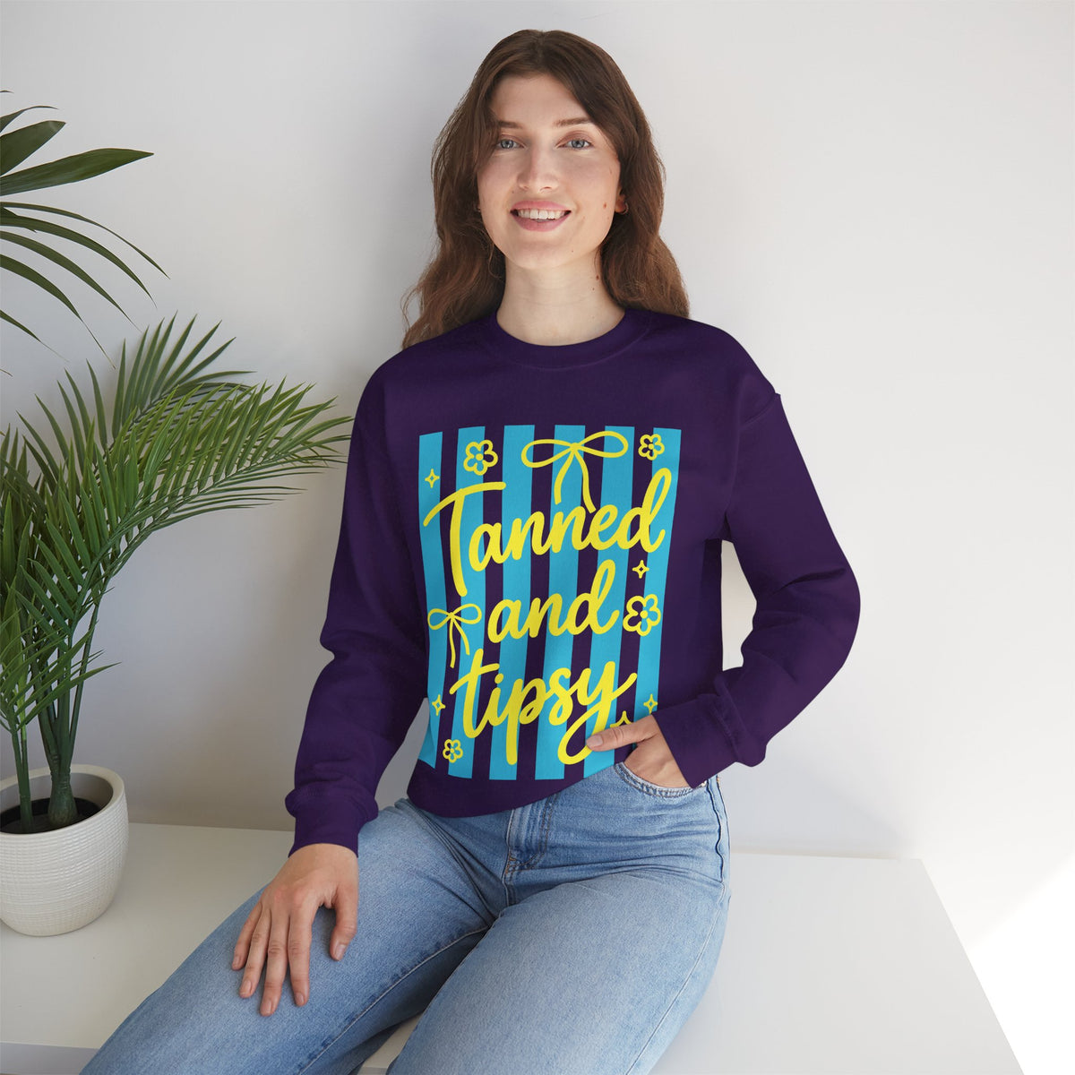 Tanned and Tipsy – Gildan Heavy Blend | Trendy Women’s Soft Sweatshirt. Direct to Garment. Printed & Shipped in the USA. Unisex Sizes.