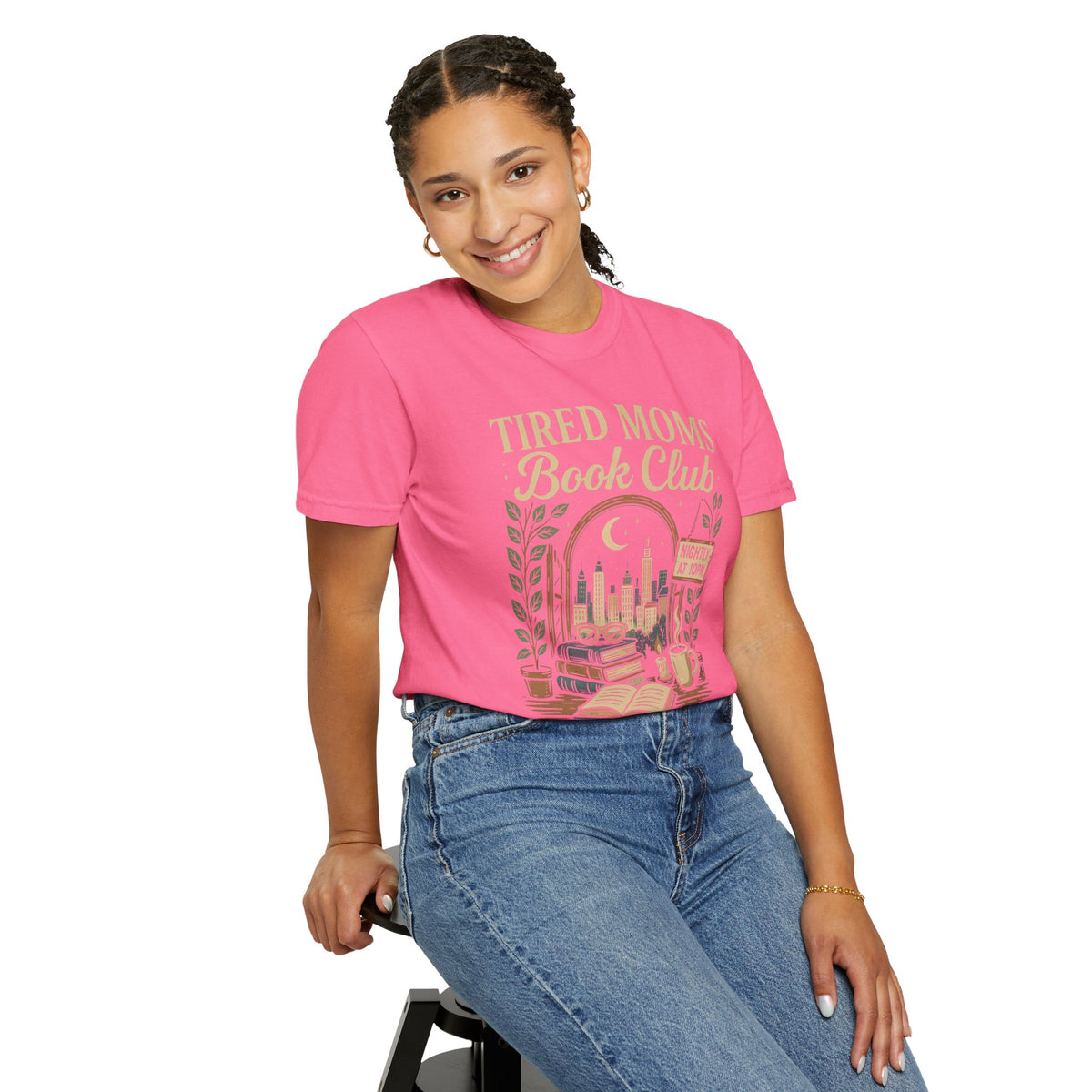 Tired Moms Book Club Running on Coffee and Chapters - Comfort Colors | Trendy Women's T-Shirt. Direct to Garment. Printed & Shipped in the USA. Unisex Sizes.