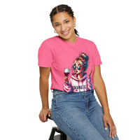 Dramatic Girl With Wine Messy Bun Peace Sign  - Comfort Colors | Trendy Women's T-Shirt. Direct to Garment. Printed & Shipped in the USA. Unisex Sizes.