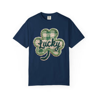 Lucky Shamrock Faux Knit - Comfort Colors | Trendy Men's and Women's T-Shirt. Direct to Garment. Printed & Shipped in the USA. Unisex Sizes.
