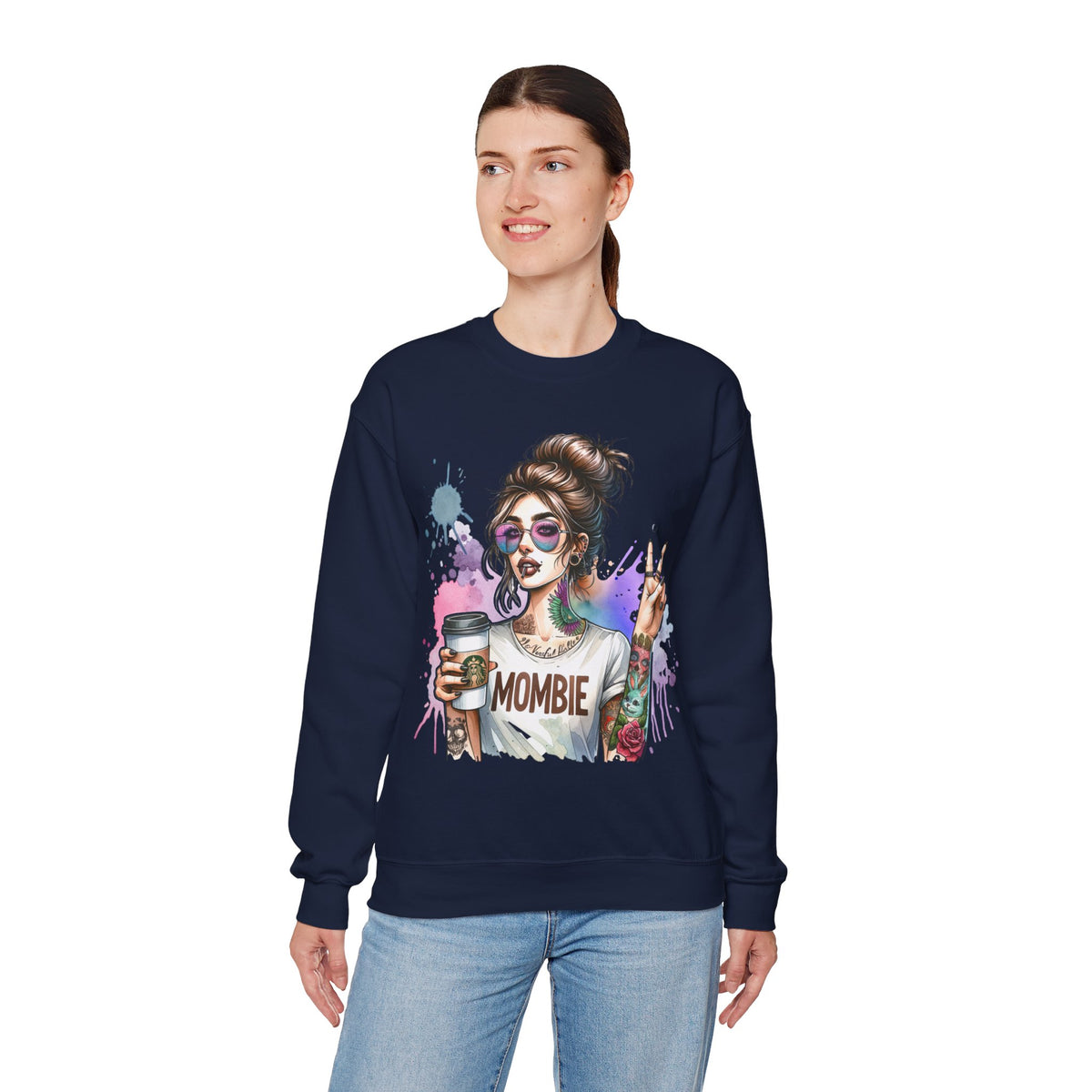 Cool Mombie with Coffee Peace Tattoo - Tired Mom – Gildan Heavy Blend | Trendy Women’s Soft Sweatshirt. Direct to Garment. Printed & Shipped in the USA. Unisex Sizes.
