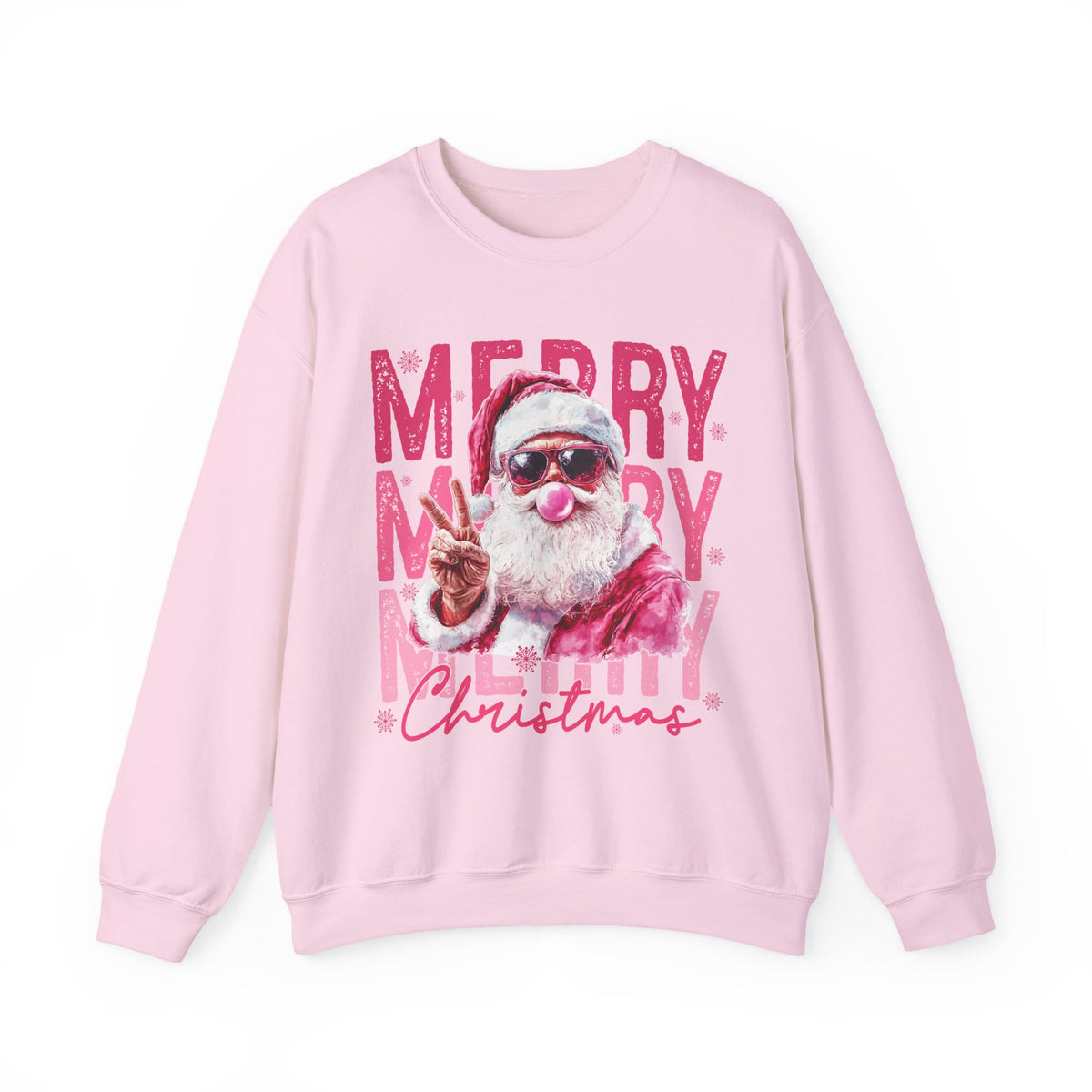 Pink Merry Christmas Bubblegum Santa – Gildan Heavy Blend | Trendy Women’s Soft Sweatshirt. Direct to Garment. Printed & Shipped in the USA. Unisex Sizes.