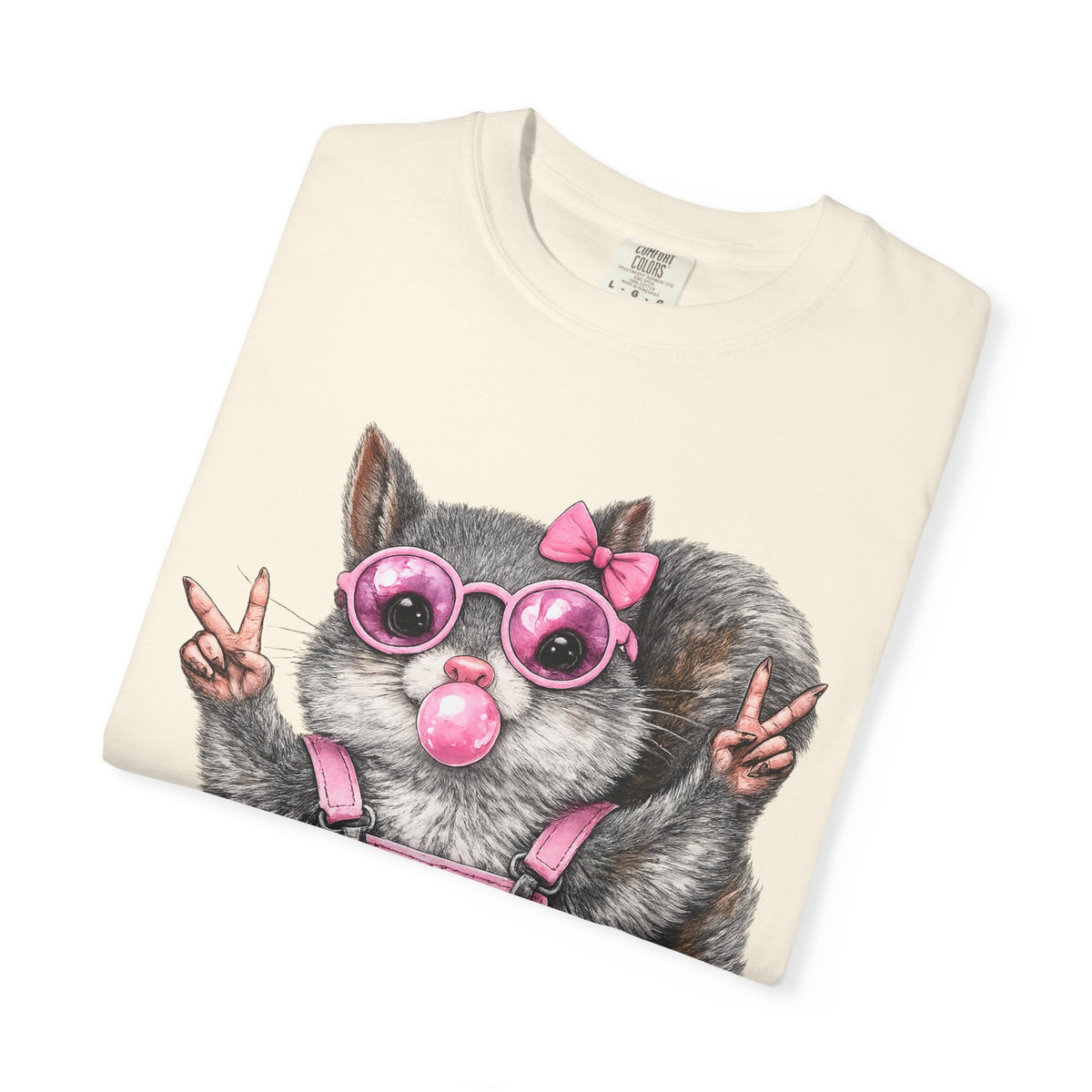 Cute But Feral, Squirrel in Pink Bibs - Comfort Colors | Trendy Women's T-Shirt. Direct to Garment. Printed & Shipped in the USA. Unisex Sizes.