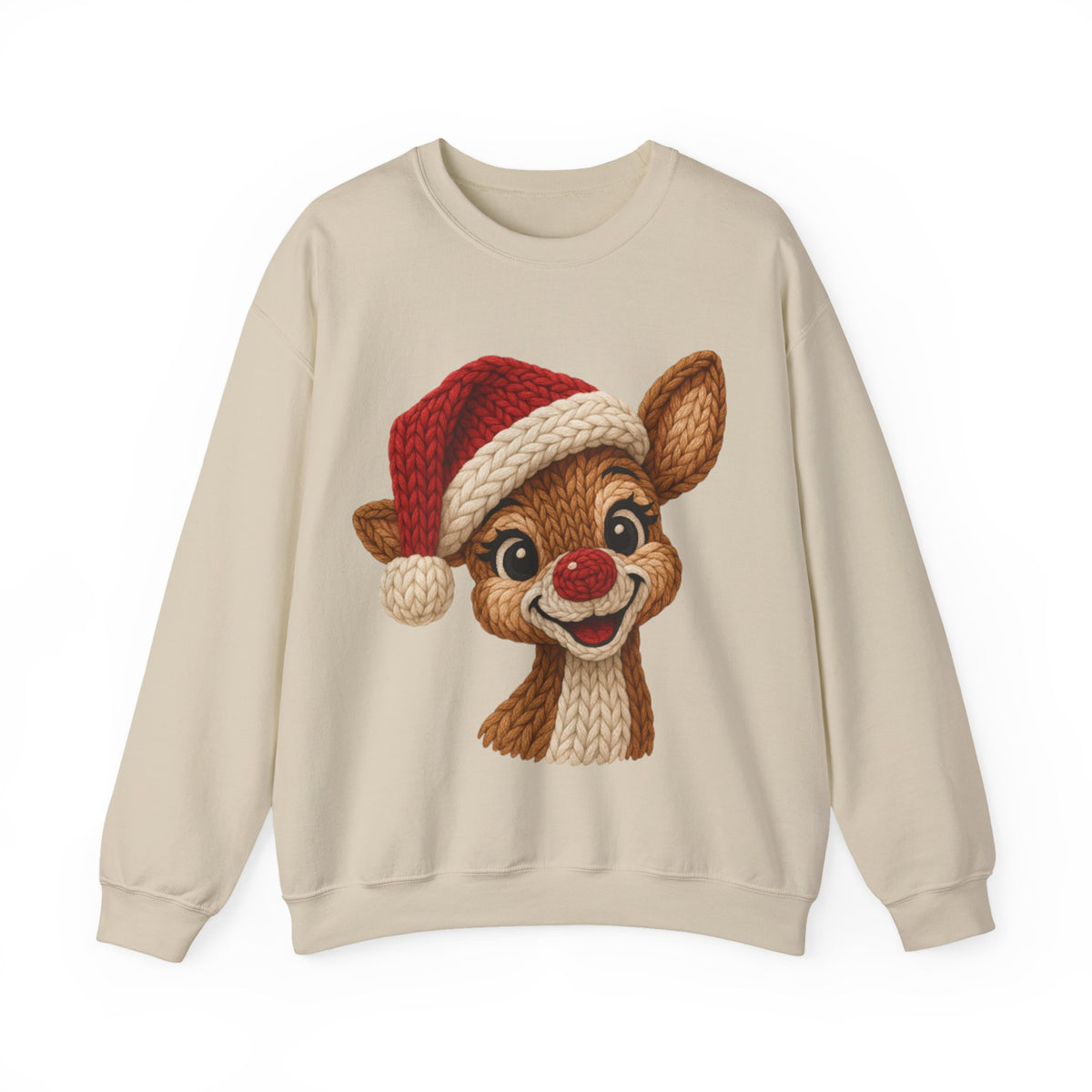 Cute Rudolph Faux Knit Look Reindeer w/Santa Hat – Gildan Heavy Blend | Trendy Women’s Soft Sweatshirt. Direct to Garment. Printed & Shipped in the USA. Unisex Sizes.