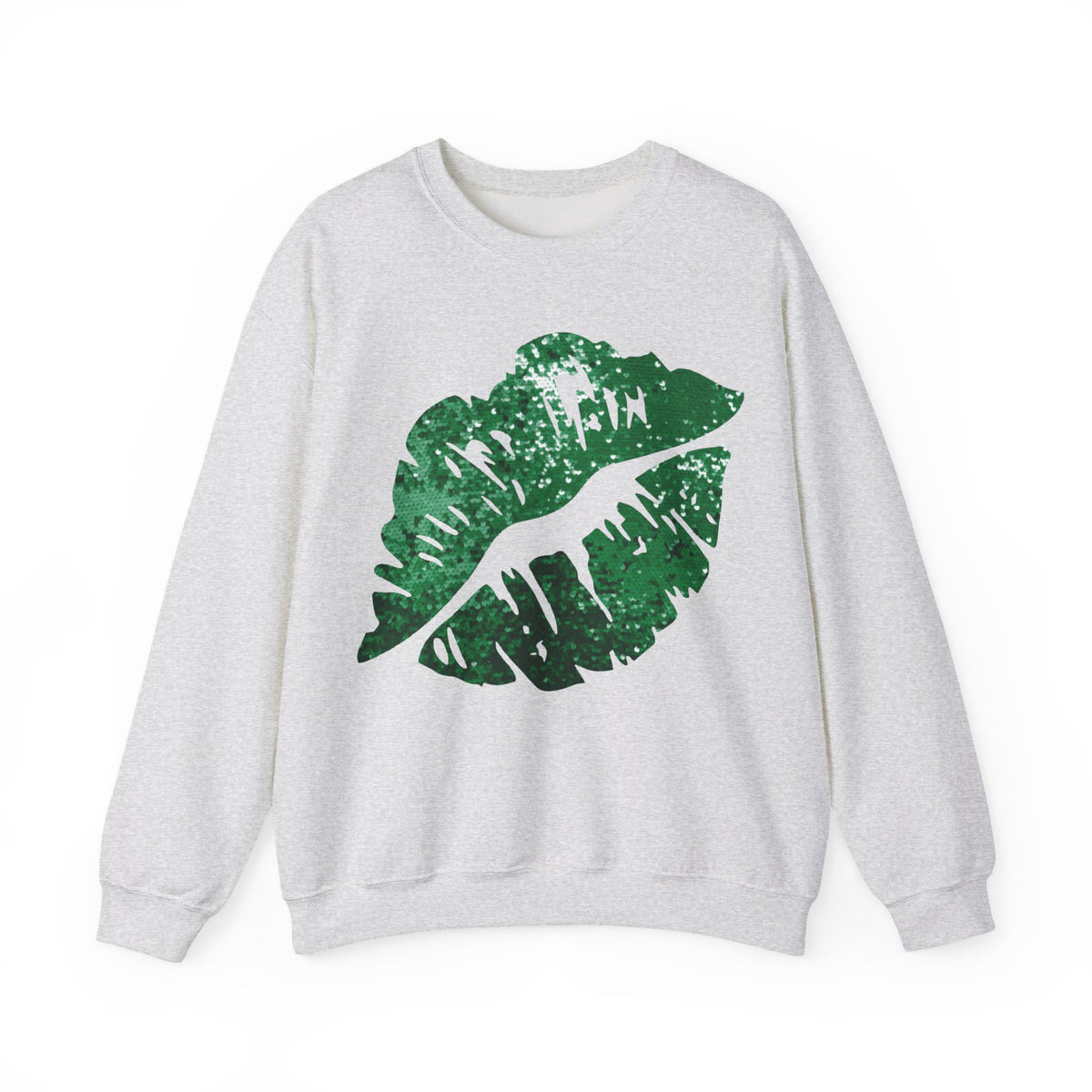 Green Faux Glitter Kiss – Gildan Heavy Blend | Trendy Women’s Soft Sweatshirt. Direct to Garment. Printed & Shipped in the USA. Unisex Sizes.