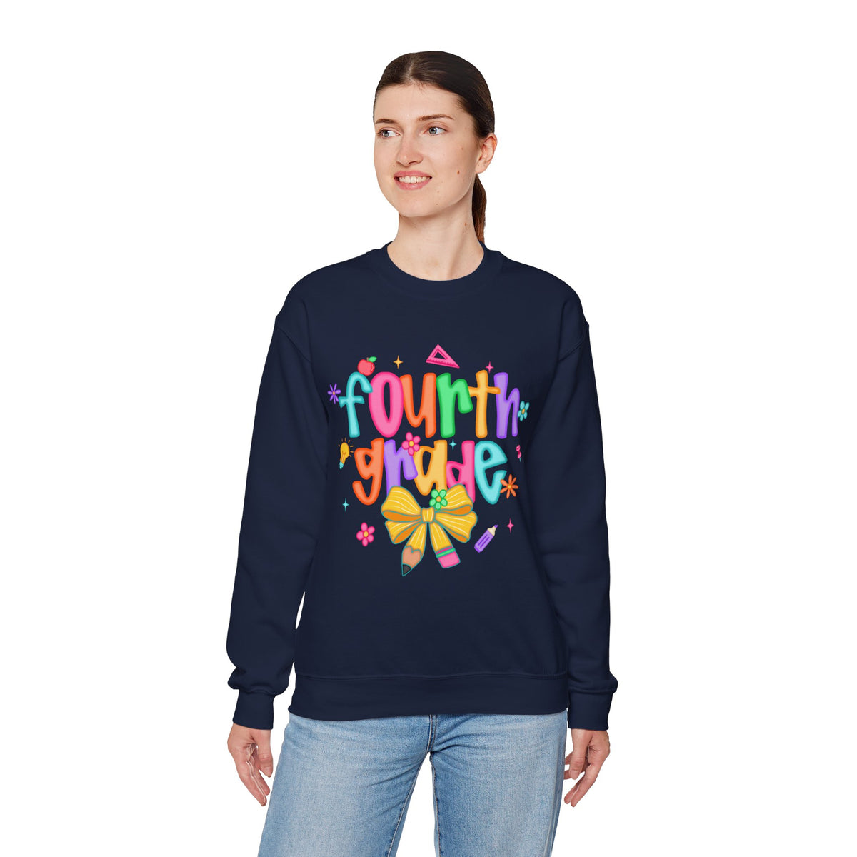 Coquette Fourth Grade Pencil Bow – Gildan Heavy Blend | Trendy Women’s Soft Sweatshirt. Direct to Garment. Printed & Shipped in the USA. Unisex Sizes.