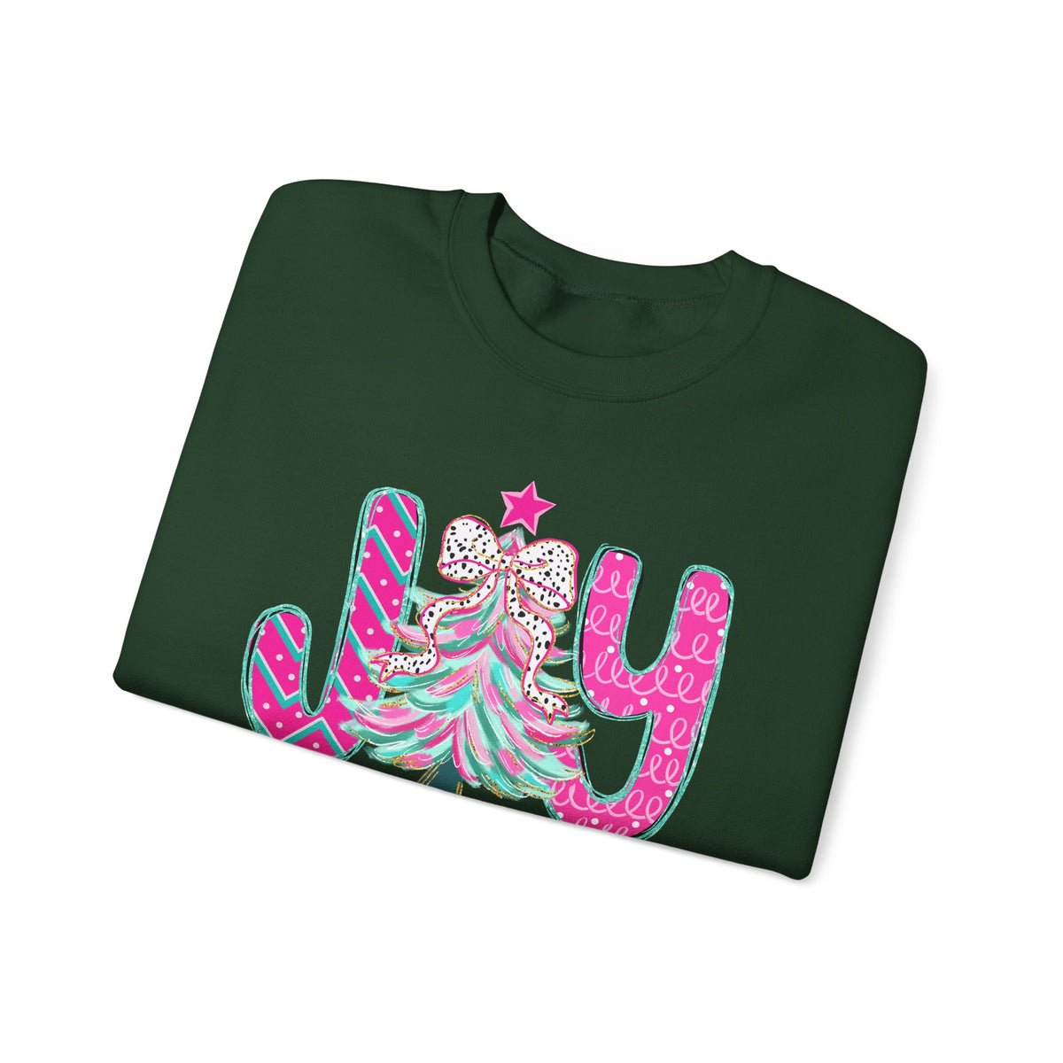 Joy to the World w/Christmas Tree Pink and Teal – Gildan Heavy Blend | Trendy Women’s Soft Sweatshirt. Direct to Garment. Printed & Shipped in the USA. Unisex Sizes.