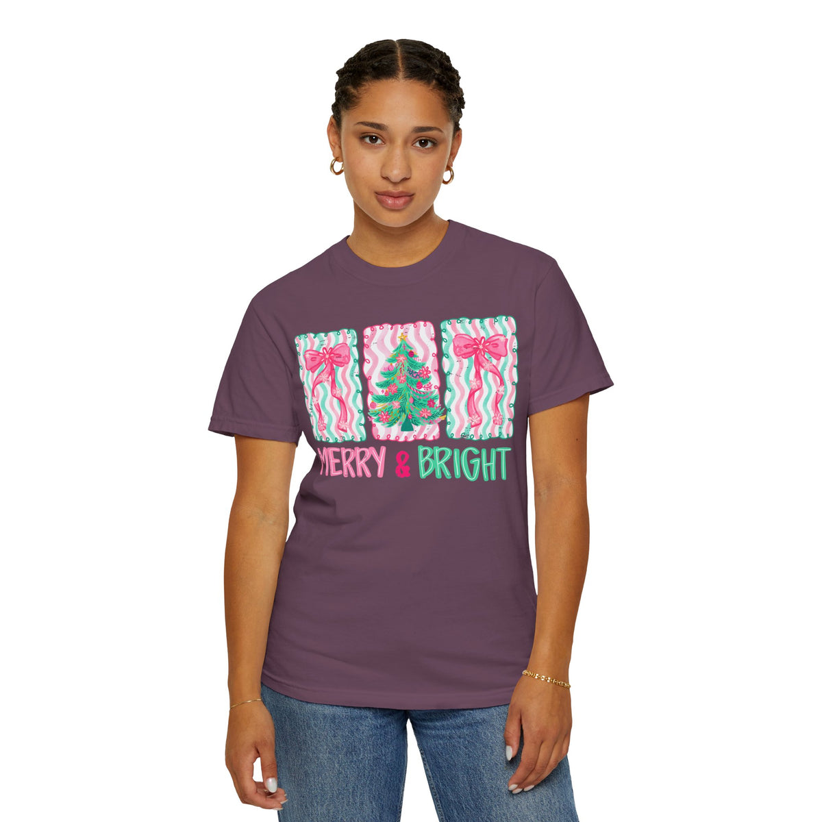 Merry & Bright Christmas — Pink & Green Holiday Tree Design - Comfort Colors | Trendy Women's T-Shirt. Direct to Garment. Printed & Shipped in the USA. Unisex Sizes.