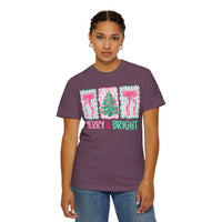 Merry & Bright Christmas — Pink & Green Holiday Tree Design - Comfort Colors | Trendy Women's T-Shirt. Direct to Garment. Printed & Shipped in the USA. Unisex Sizes.