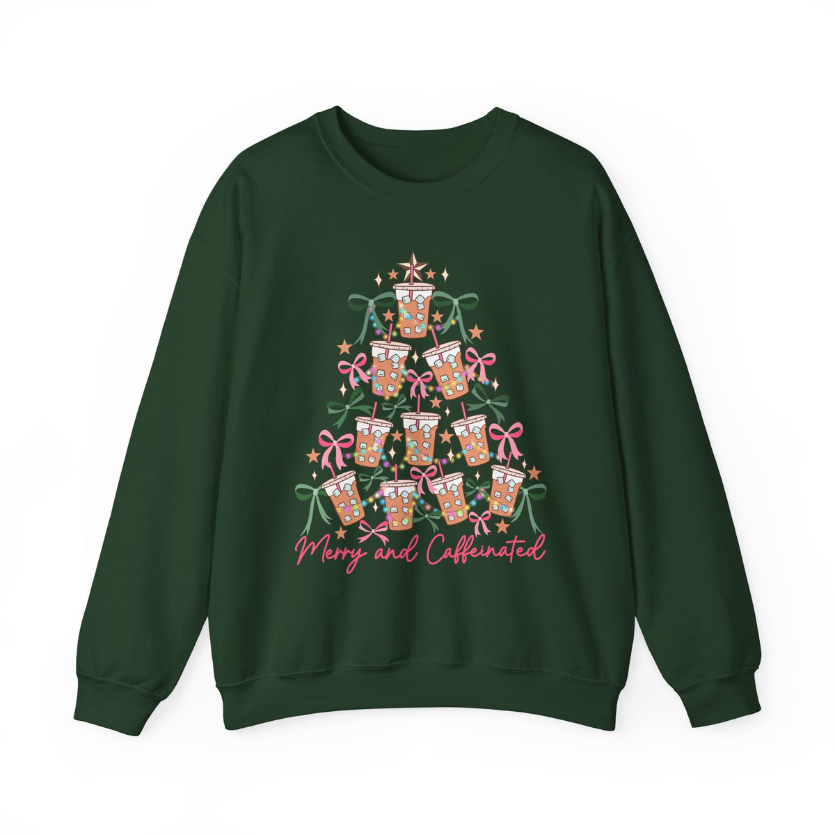 Merry and Caffeinated Iced Coffee Christmas Tree – Gildan Heavy Blend | Trendy Women’s Soft Sweatshirt. Direct to Garment. Printed & Shipped in the USA. Unisex Sizes.