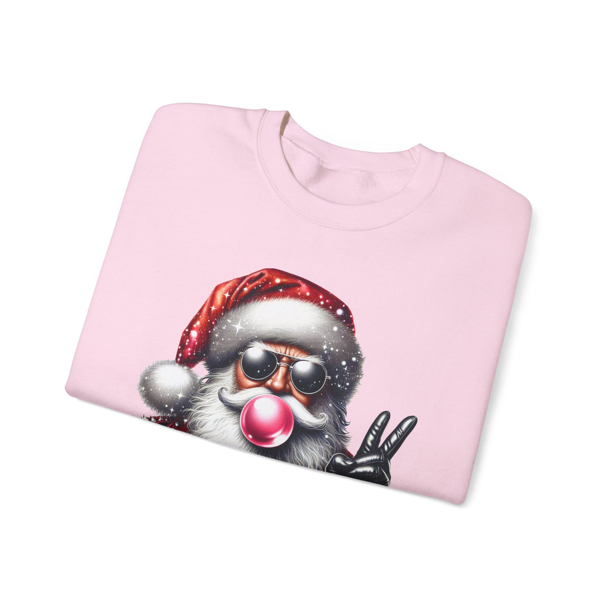 Biker Santa Leather Jacket Bubblegum – Gildan Heavy Blend | Trendy Women’s and Men's Soft Sweatshirt. Direct to Garment. Printed & Shipped in the USA. Unisex Sizes.