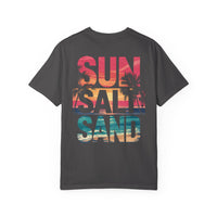 Sun Salt Sand, Beach Sunset - Front & Back Print - Comfort Colors | Trendy Women's and Men's T-Shirt. Direct to Garment. Printed & Shipped in the USA. Unisex Sizes.