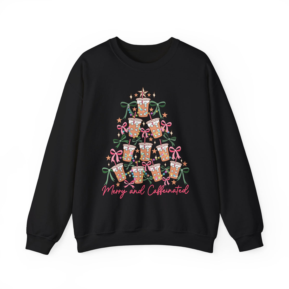 Merry and Caffeinated Iced Coffee Christmas Tree – Gildan Heavy Blend | Trendy Women’s Soft Sweatshirt. Direct to Garment. Printed & Shipped in the USA. Unisex Sizes.