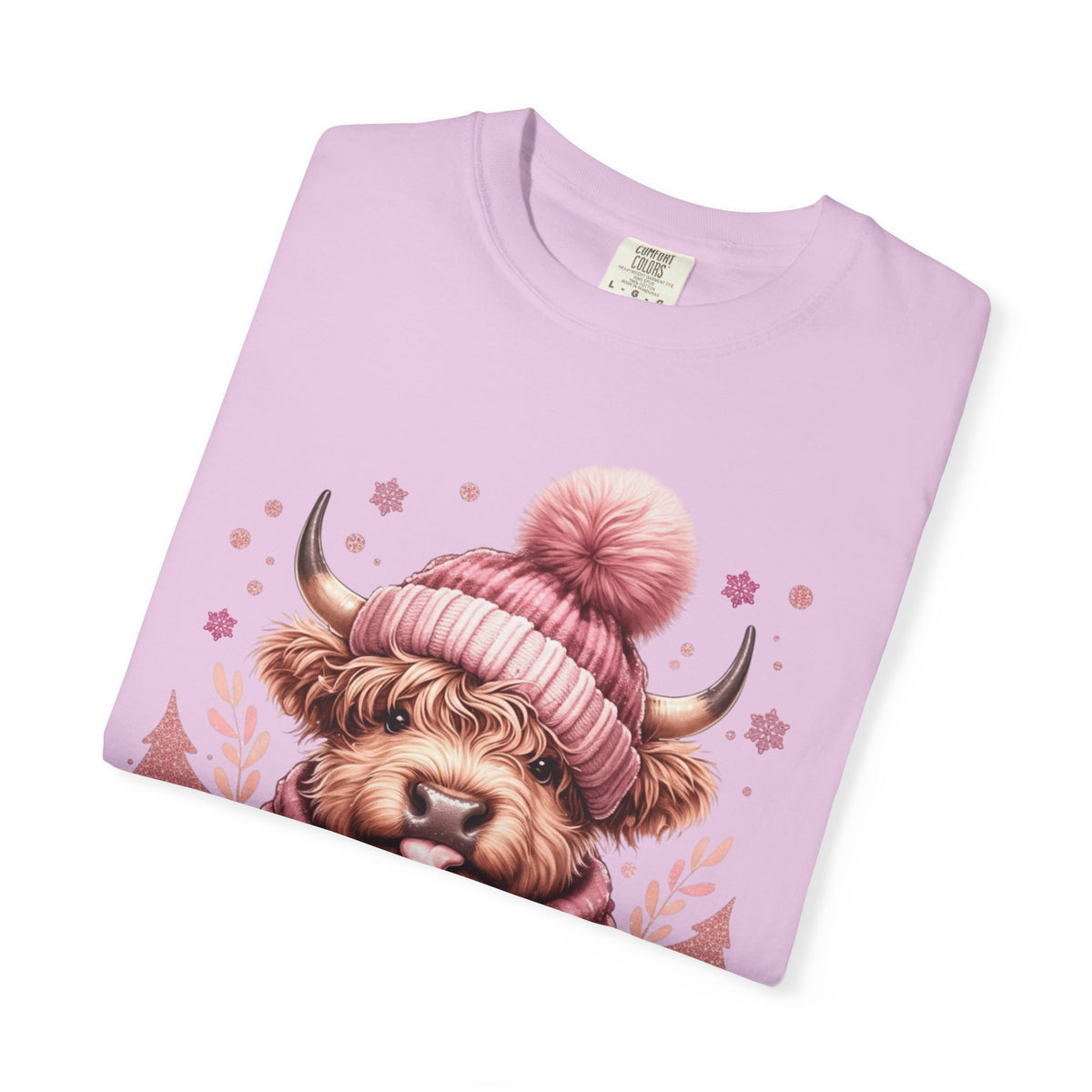 Cozy Highland Cow, Winter Coffee Mug & Scarf - Comfort Colors | Trendy Women's T-Shirt. Direct to Garment. Printed & Shipped in the USA. Unisex Sizes.