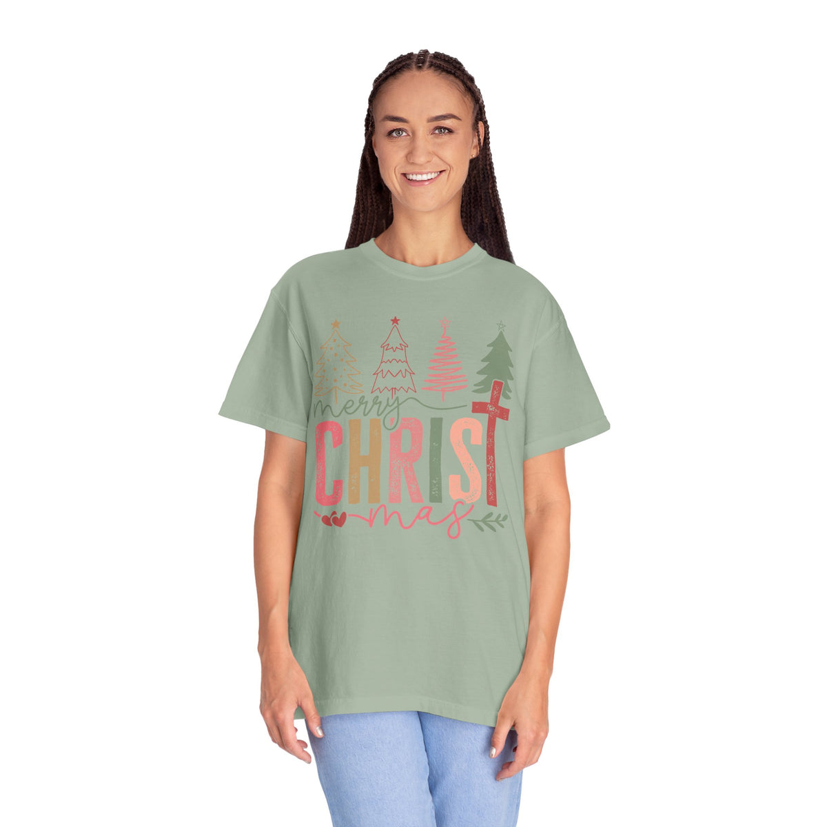Merry ChrisTmas Christian Faith Graphic - Comfort Colors | Trendy Women's T-Shirt. Direct to Garment. Printed & Shipped in the USA. Unisex Sizes.