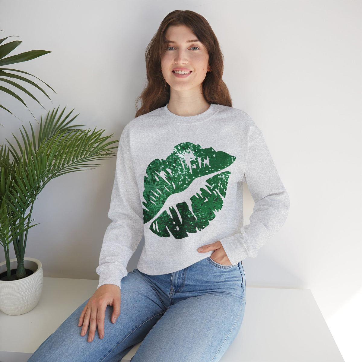 Green Faux Glitter Kiss – Gildan Heavy Blend | Trendy Women’s Soft Sweatshirt. Direct to Garment. Printed & Shipped in the USA. Unisex Sizes.