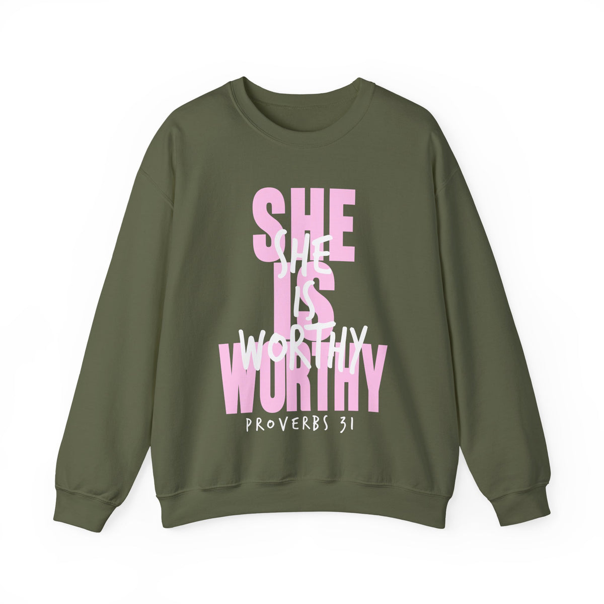 She Is Worthy – Gildan Heavy Blend | Trendy Women’s Soft Sweatshirt. Direct to Garment. Printed & Shipped in the USA. Unisex Sizes.